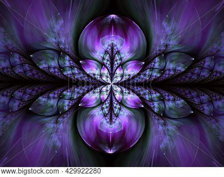 Beautiful Fractal Shape Or Butterfly With Glowing Elements. Abstract Fractal Symmetrical Shapes, Dig