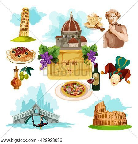 Italy Touristic Set With Cartoon Venice Gondola Rome Colloseum And Pisa Tower Icons Isolated Vector 