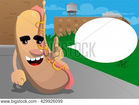 Hot Dog Pointing At The Viewer With His Hand. American Fast Food As A Cartoon Character With Face.