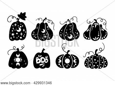 Halloween Celestial Pumpkin Isolated Clipart Set, Fall Magic Pumpkin Silhouette, Creepy Carved Pumpk