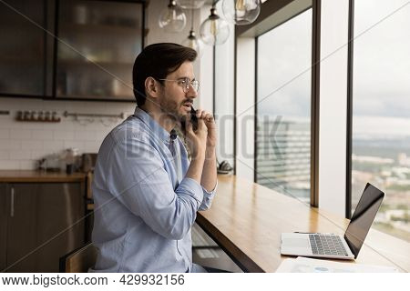 Caucasian Man Hold Smartphone Provide Help To Client By Phonecall