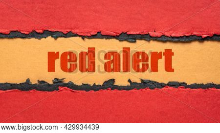 red alert web banner - text against red, orange and black handmade paper, warning and climate emergency concept