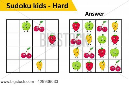 Sudoku Kids Game With Answers. Cute Fruit Characters In 4x4. Game For Small Children.