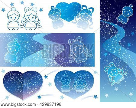 Set Of Tanabata Star Festival Vector Backgrounds And Design Elements With The Milky Way.