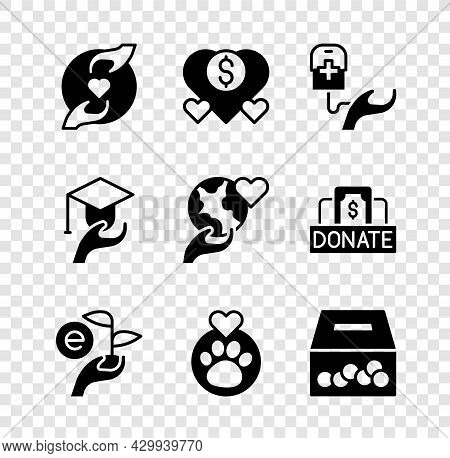 Set Pleasant Relationship, Donation And Charity, Blood Donation, Leaf In Hand, Heart With Animals Fo