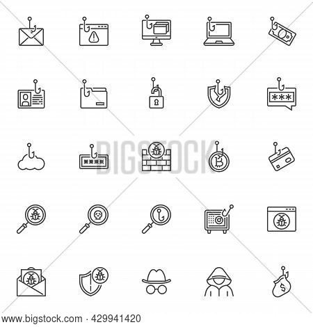 Phishing Scams Line Icons Set. Cyber Attack Linear Style Symbols Collection, Outline Signs Pack. Phi