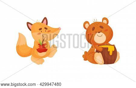Adorable Animals Harvesting Set. Cute Fox Holding Ripe Apple, Bear Carrying Wooden Barrel Of Honey C