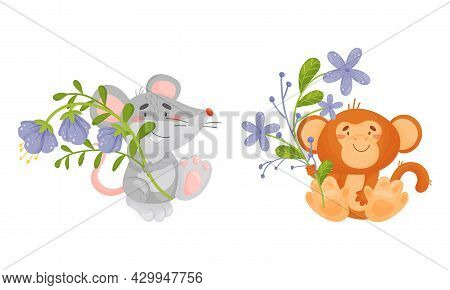 Adorable Baby Animals Holding Spring Flower Set. Lovely Mouse, Monkey Standing With Wild Flowers Car