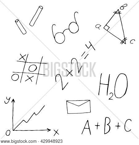 Set Of School Doodles, Doodles, Formulas, Tic-tac-toe Chart, Envelope, Chalk, Vector Illustration In