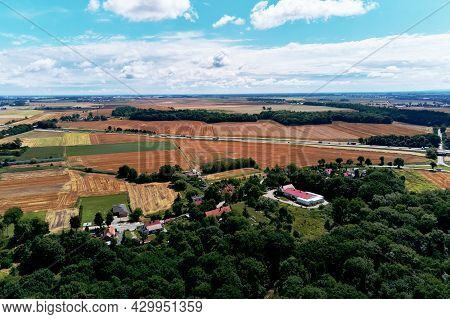 Mountain Village With Forests, Bird Eye View. Sleza Mountain Landscape Near Wroclaw In Poland. Natur