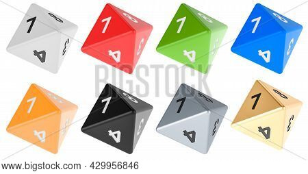 Set Of 8 Sided Die, Octahedron Dice, Various Colors. 3d Rendering Isolated On White Background