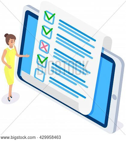 Online Form Survey On Tablet Screen. Woman Checks Blank. Girl Thinking About Answers. Femail Charact
