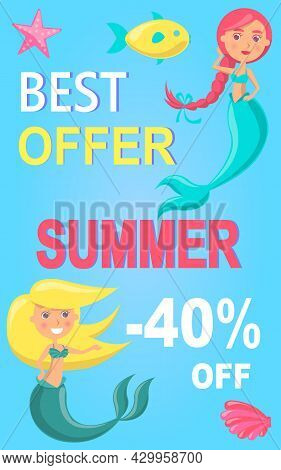 Summer Sale With Mermaid At Sea. Advertising Banner With Underwater Life Of Sea Creature. Nixie On B