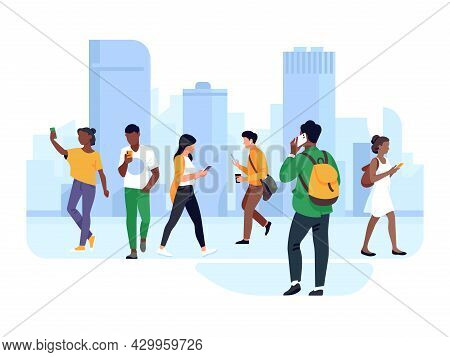 People With Phones On Street. Women And Men In City Use Gadgets In Motion, Chatting And Calling, Cas