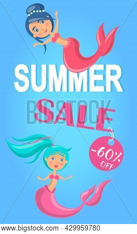 Summer Sale With Mermaid At Sea. Advertising Banner With Underwater Life Of Sea Creature. Nixie On B
