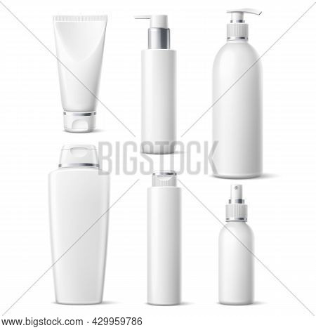 Realistic Cosmetic Bottles. Blank White Plastic Containers Mockup With Silver Elements, Beauty Produ