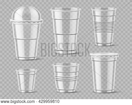 Realistic Plastic Cups. Transparent Isolated Street Drinks And Smoothies Containers Different Types,