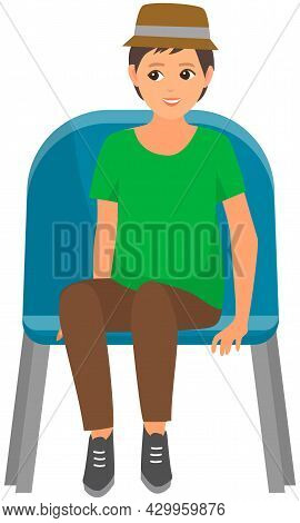 Guy In Hat Sitting On Chair And Watching Show Isolated On White Background. Young Male Character In 