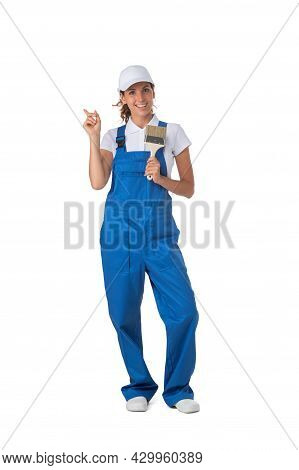 Female House Painter With Paint Brush Pointing With Finger Alise Studio Isolated On White Background