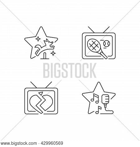 Television Series Genres Linear Icons Set. Pet Training. Sports Program, Tennis Broadcast. Soap Oper