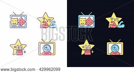 Tv Shows Genres Light And Dark Theme Rgb Color Icons Set. Drama Series. Talent Contest. Mystical Ser