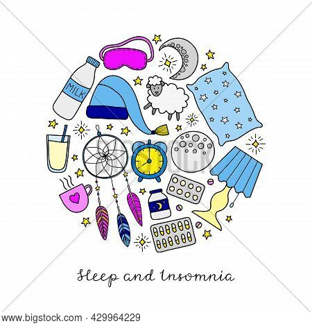 Sleep And Insomnia Items Including Moon, Milk, Stars, Sheep, Pillow, Tea Or Coffee, Pills, Dream Cat