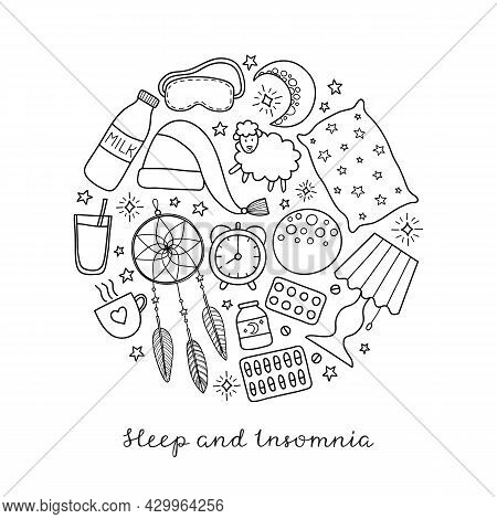 Sleep And Insomnia Outline Items Including Moon, Milk, Stars, Sheep, Pillow, Tea Or Coffee, Pills, D