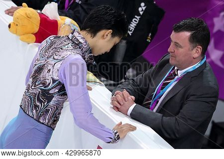 Marseille, France - December 7, 2016: Yuzuru Hanyu (l) Of Japan Talks To His Canadian Coach Brian Or