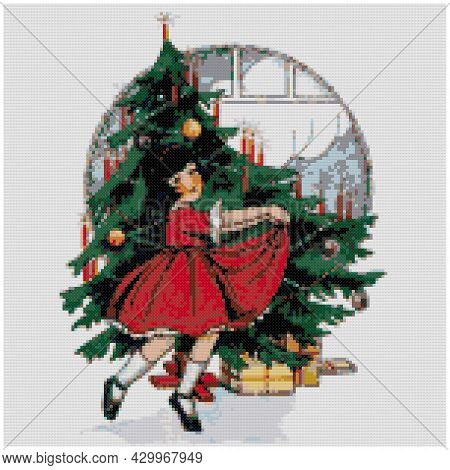 Girl Dancing Around The Christmas Tree. Illustration Of Cross Stitch Embroidery. Imitation Of Knitte
