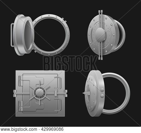 Safe Round Doors. Safety Bank Opening And Closed Steel Doors With Valves Treasures Protection Concep