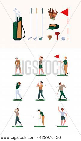 Golf Characters. Sport Healthy Activities White Ball Red Flag Hit Stick Active Game Garish Vector Ac