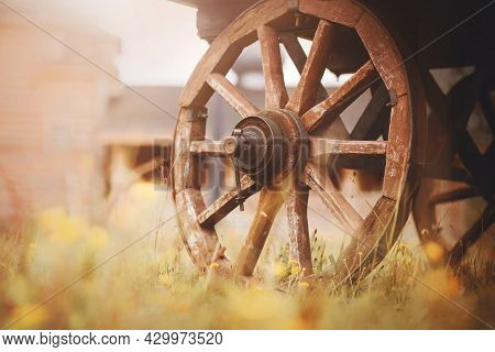The Wheels Of An Old Wooden Cart, Which Stands On A Field Among Ears Of Spikelets And Wild Yellow Fl