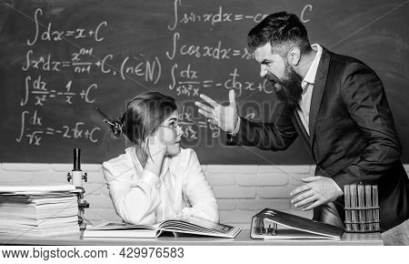 Shouting And Waving His Hands. Angry Teacher Or Student. Brutal Hipster Say Angry Words To Pretty Wo