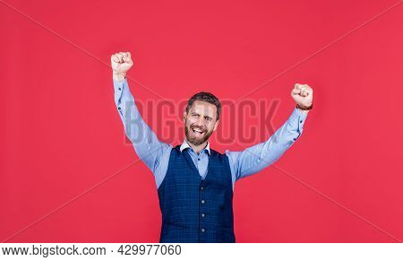Euphoric Business Man Celebrate Success Or Victory Making Winner Gesture Red Background, Euphoria