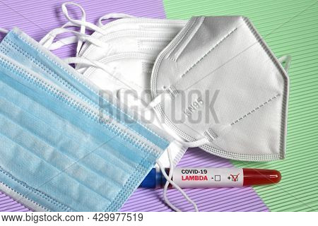 Blood Tube For Test Detection Of Virus Covid-19 Lambda Variant With Protection Masks Ffp1 And Ffp2.