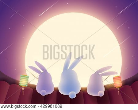 Chinese mooncake festival. Mid Autumn festival. Cute rabbits enjoy the glorious full moon. Wide copy space for design.