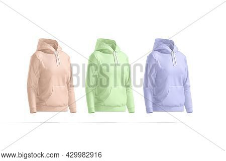 Blank Colored Women Sport Hoodie Mock Up, Side View, 3d Rendering. Empty Pink, Green And Blue Jumper