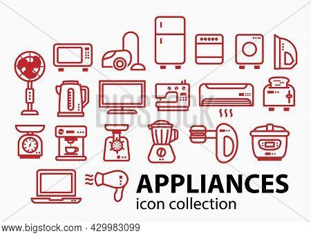 Modern Minimalist Home Appliance Store Licon Set. 20 Different Elements Of Household Appliances.
