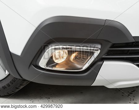 Novosibirsk, Russia - July 15, 2021:   Renault Logan Crossway, Close-up Of Fog Lights In The Bumper
