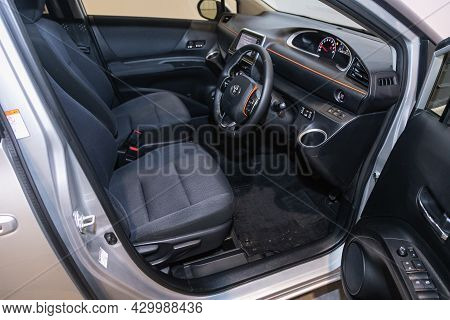 Novosibirsk, Russia - July 15, 2021:   Toyota Sienta, Steering Wheel, Shift Lever And Dashboard, Cli