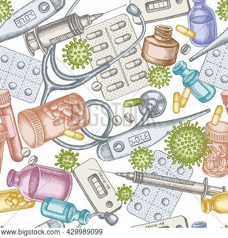 Seamless Pattern With Hand Drawn Pastel Vial Of Blood, Pills And Medicines, Medical Thermometer, Cor