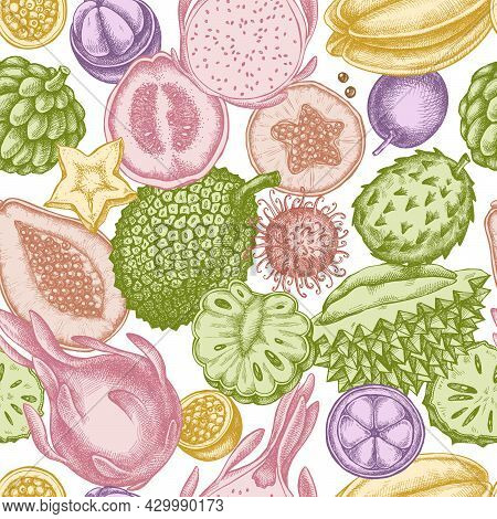 Seamless Pattern With Hand Drawn Pastel Papaya, Guava, Passion Fruit, Starfruit, Durian, Rambutan, P