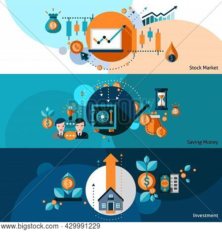 Investment Horizontal Banner Set With Stock Market And Money Saving Flat Elements Isolated Vector Il