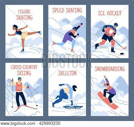 Winter Sports Cards. Ski And Skating, Snowboarding And Hockey, People On Ice Rink, Track And Snow, P