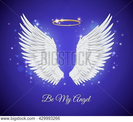 Realistic Angel Wings. 3d White Feathers With Golden Ring Nimbus, Pure Soul Card, Beautiful Fly Obje