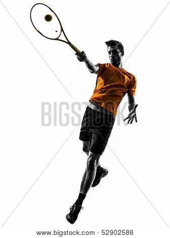 one  man tennis player in silhouette on white background