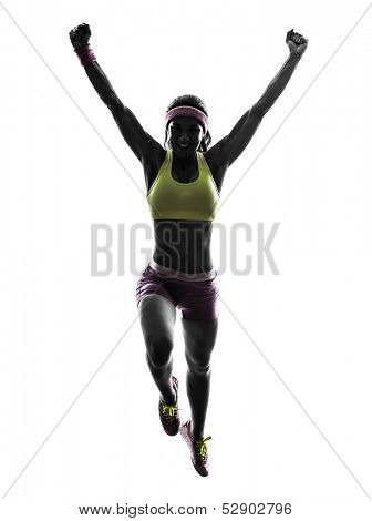 one caucasian woman runner running jumping  in silhouette on white background