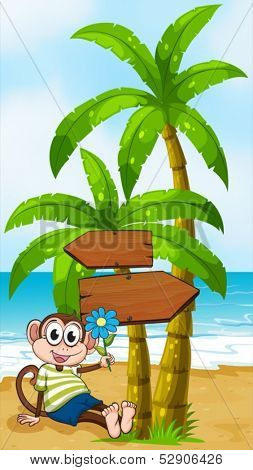 Illustration of a beach with a smiling monkey sitting under the wooden arrowboard