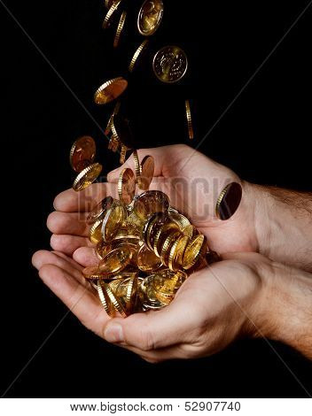 Man Hands Full Of Money Receiving A Rain Of Coins