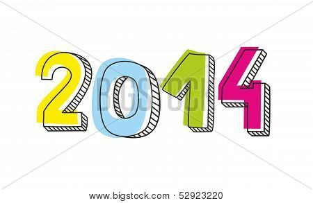 New Year 2014 hand drawn doodle vector sign or number symbol draft with yellow, blue, pink and green